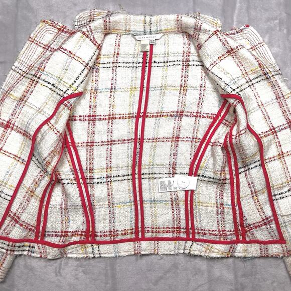 Zara Cream Red Plaid Boucle Cropped Tweed Blazer Jacket Sz 6 Deconstructed Chic - Picture 12 of 14